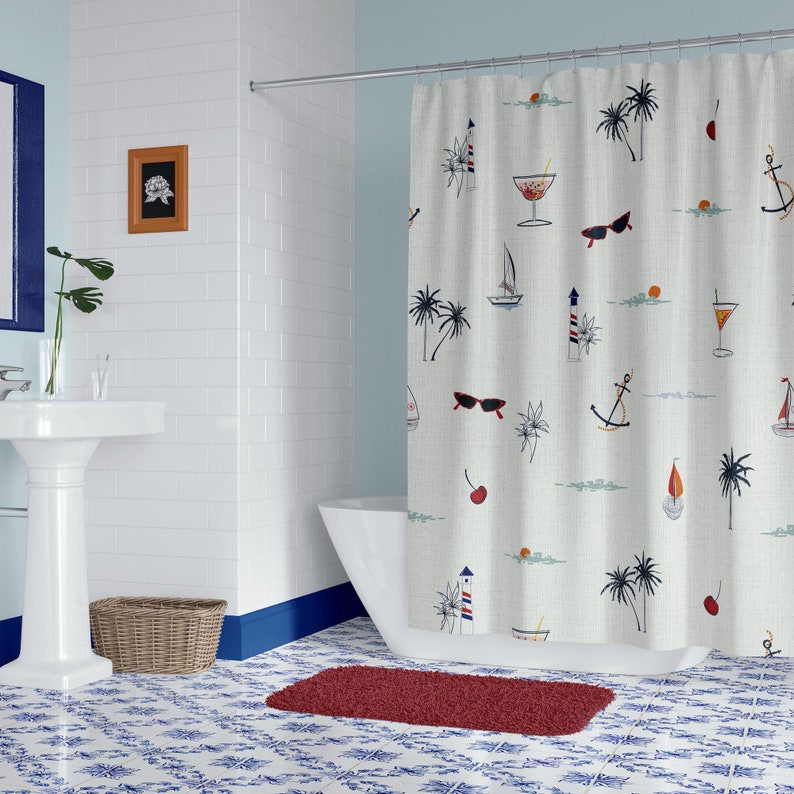 Fun Vintage Beach Pattern Shower Curtain Beach Shower Etsy