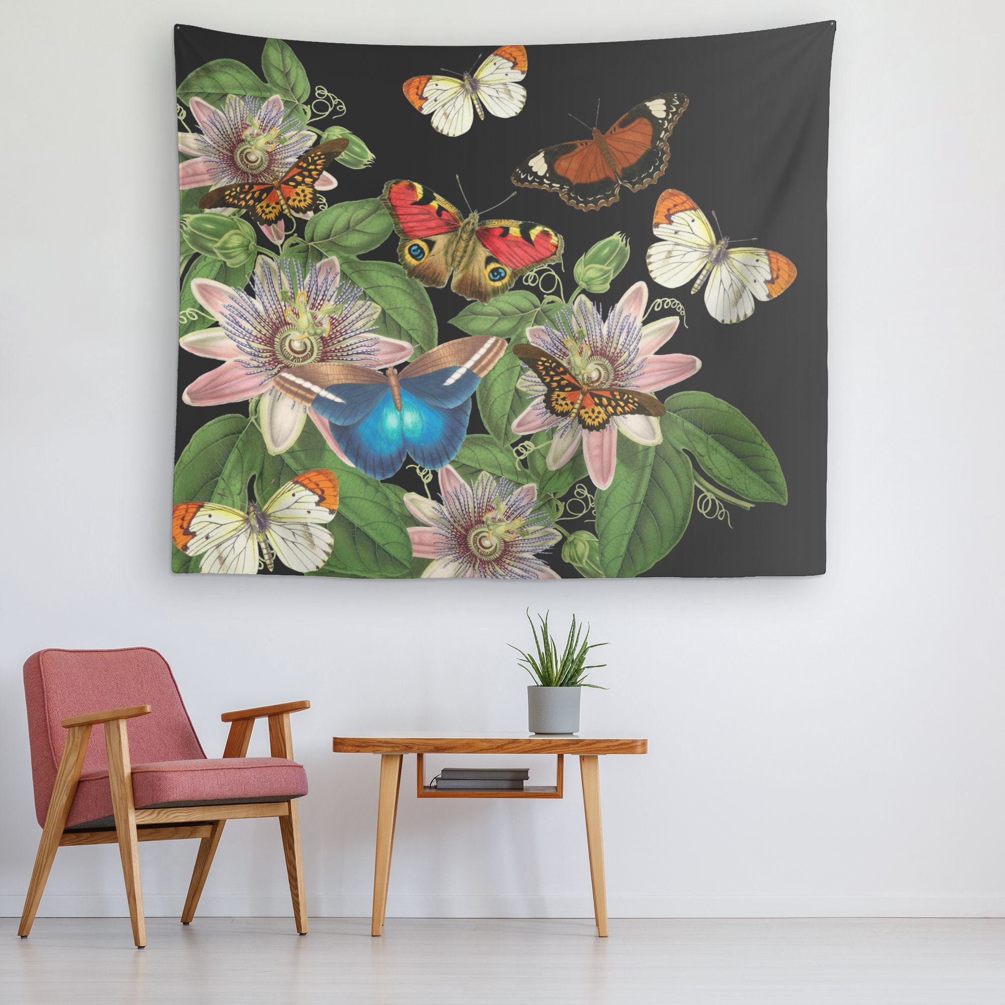 Botanical Butterfly Tapestry Black Floral Wall Hanging Etsy Hong Kong