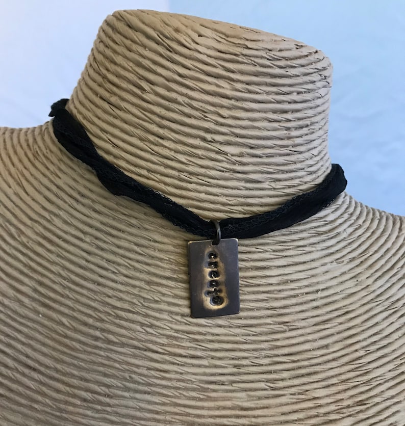 Brass Metal Stamped Pendant Adjustable Create Choker Necklace Create Brass Necklace on Black Silk Fabric Length 36 Inches Long