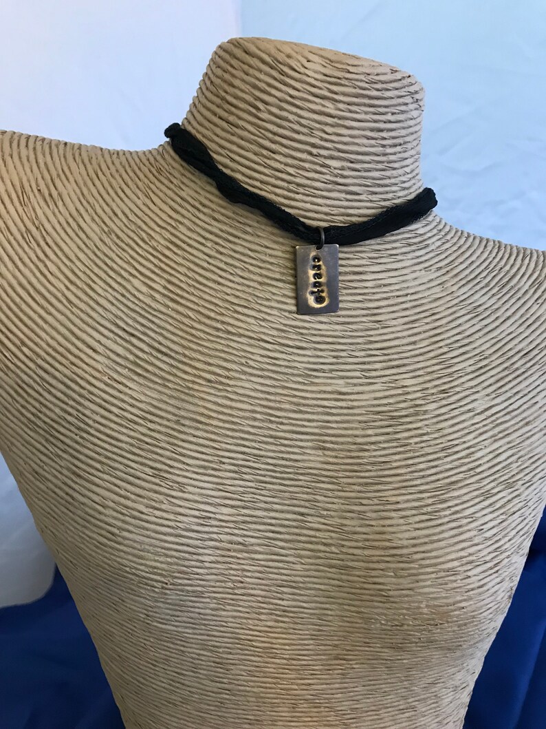 Brass Metal Stamped Pendant Adjustable Create Choker Necklace Create Brass Necklace on Black Silk Fabric Length 36 Inches Long