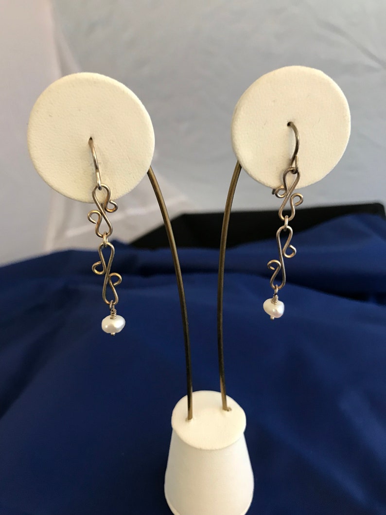 Earrings Fine Silver French Ear Wires 2 inch Dangle White Pearl Drop Handmade Links