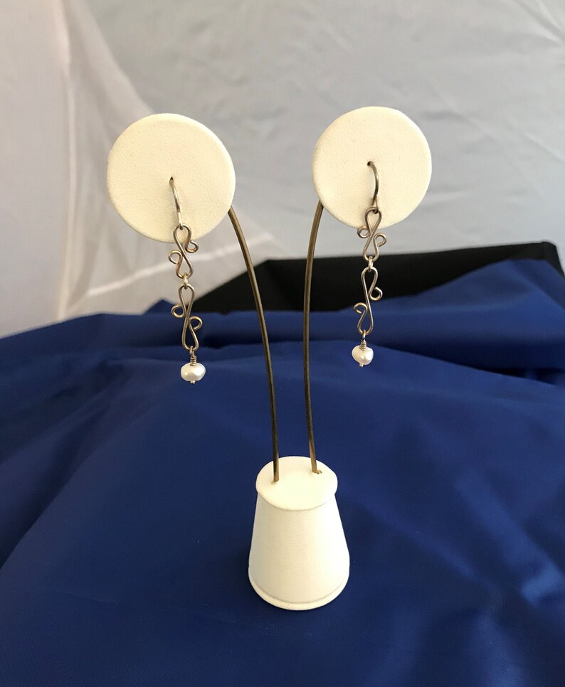 Earrings Fine Silver French Ear Wires 2 inch Dangle White Pearl Drop Handmade Links