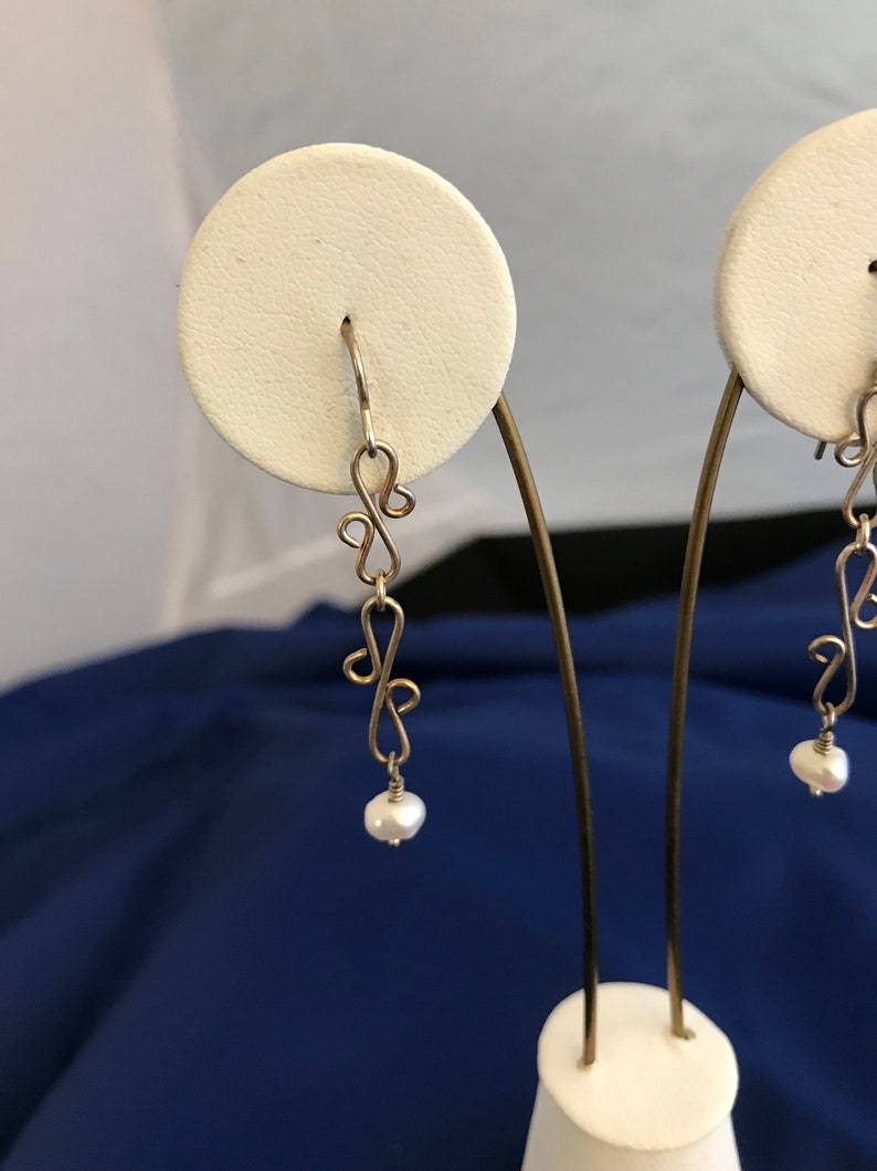 Earrings Fine Silver French Ear Wires 2 inch Dangle White Pearl Drop Handmade Links
