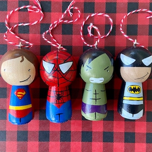 Set of four Peg Doll Superhero Ornaments