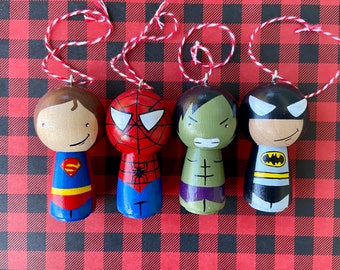 Set of four Peg Doll Superhero Ornaments