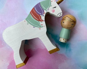 Wooden Unicorn with Peg Doll Rider