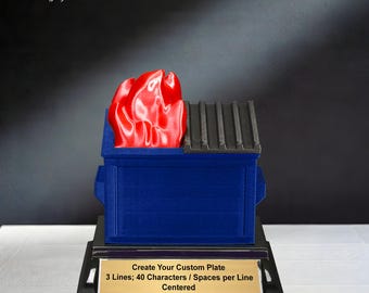 Recycling Dumpster Fire Trophy - Engraved Blue Dumpster Award 4.5 Inch