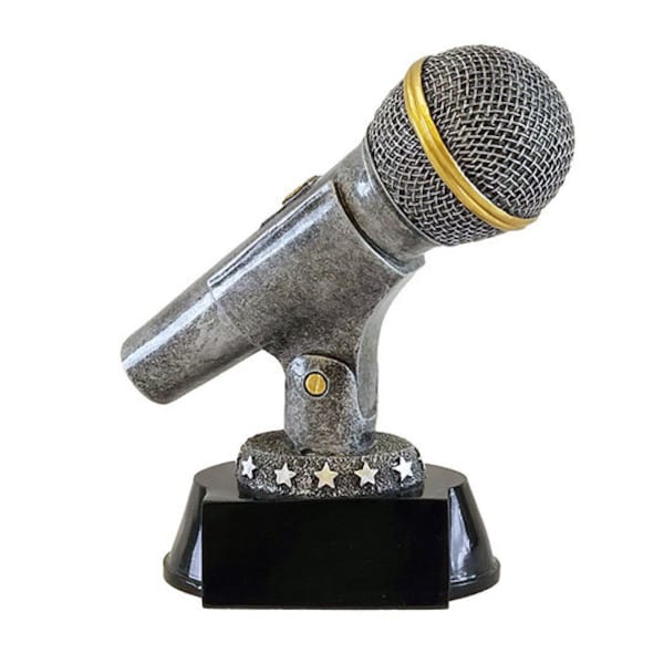 Silver Microphone Trophy | Engraved Silver Mic Award for Emcee, Announcer, Karaoke, Singer - 6" Tall