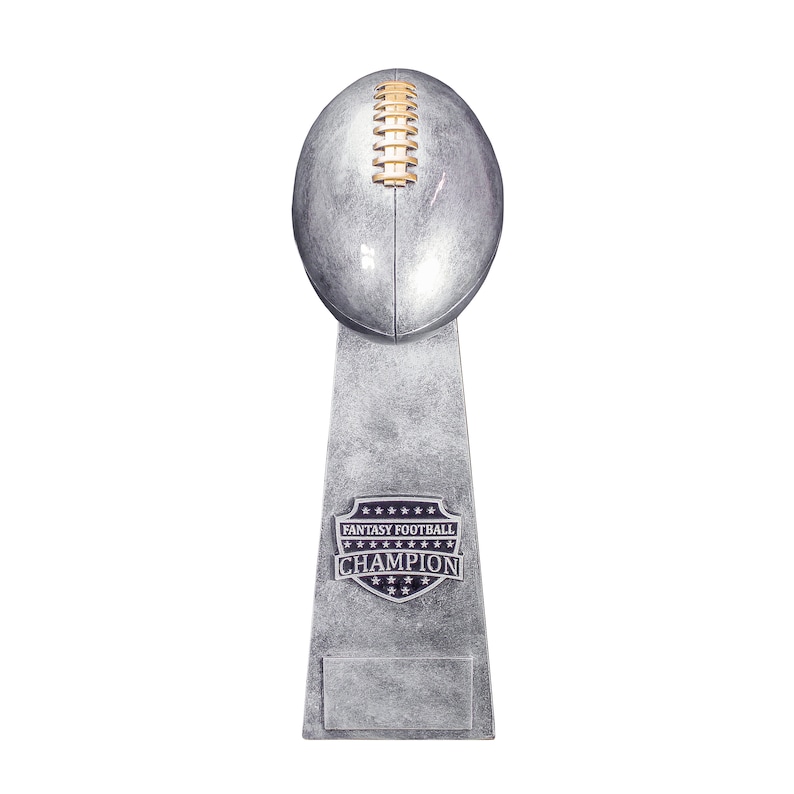 K&ouml;nnte beinhalten: Silberfarbener Pokal in Form eines Fu&szlig;balls mit einem schwarz-wei&szlig;en Schild, auf dem "Fantasy Football Champion" steht.