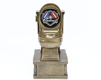 Cornhole Toilet Bowl Trophy | Action Pedestal Toilet Cornhole Award - 7 Inch Tall