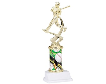 May include: Gold baseball trophy with a baseball player figurine on top. The base is white with a green and black baseball themed design. The base has the words "Baseball" and "Ball" printed on it.