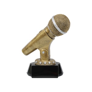 Gold Microphone Trophy | Engraved Golden Mic Award for Emcee, Announcer, Karaoke, Singer - 6" Tall