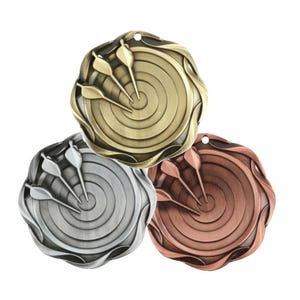 May include: Three gold, silver, and bronze medals with a dartboard and darts design. The medals have a wavy edge.