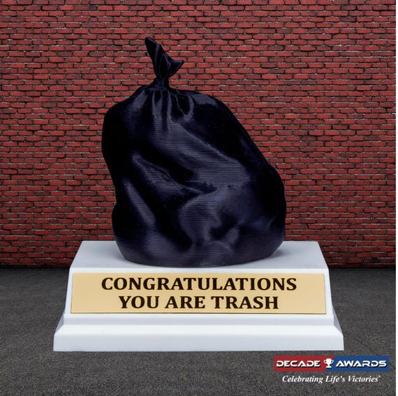 Engraved Trash Bag Last Place Trophy with Free Custom Engraving: Funny Gag Gift - 4.5 Inch