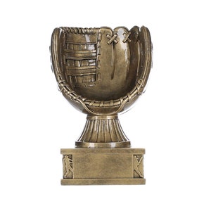 May include: Bronze-colored baseball glove trophy. The trophy features a detailed baseball glove design, a pedestal base, and a rectangular plaque with baseball player silhouettes on each side. The trophy is made of a metallic material and is set against a white background.