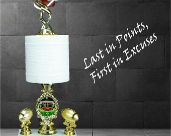 Engraved Fantasy Football Toilet Paper Trophy | FFL Last Place Award with Football Topper – 16.5  Inch Tall