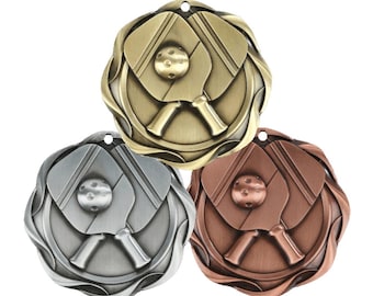 Engraved Pickleball Medal with Ribbon: Gold, Silver, or Bronze, Fusion Style – 3 Inch