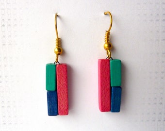 Colored geometric earrings, wood rod color earring, pink with blue, style Mondrian Bauhaus reed field colorful ornament
