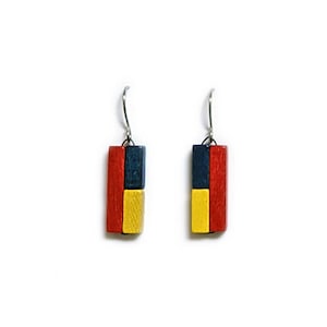 Colored wooden earrings, piet mondrian, the style, art, bauhaus, rietveld, primary colors, geometric colorful rods
