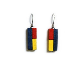 Colored wooden earrings, piet mondrian, the style, art, bauhaus, rietveld, primary colors, geometric colorful rods