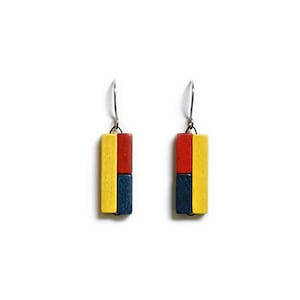 Colored wooden earrings, piet mondrian, the style, art, bauhaus, rietveld, primary colors, geometric colorful rods