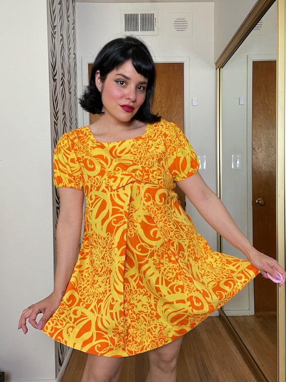 60s babydoll dress Vintage 60s Babydoll Dress - Yellow Orange Trapeze Mini, Size XS/S