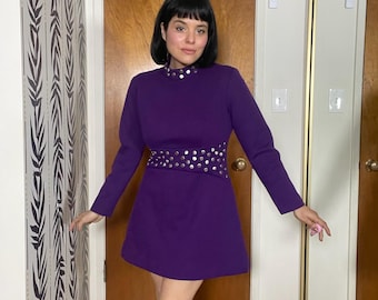 Vintage 60s Purple Wool Mini Dress – Studded Mock Neck, XS-M