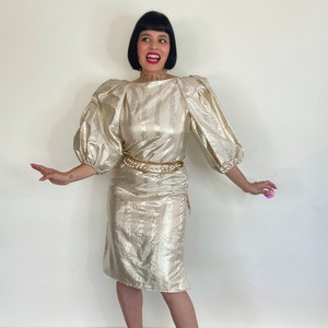 Vintage 70s 80s Richilene New York Gold Metallic Polka Dot and Botanical Print Dress Best Fits Sizes XS-M image 2