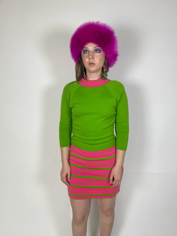 Vintage 60s Knit Dress - Pink & Green Wool Blend, Size XS-M