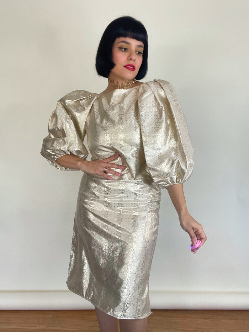 Vintage 70s 80s Richilene New York Gold Metallic Polka Dot and Botanical Print Dress Best Fits Sizes XS-M image 8