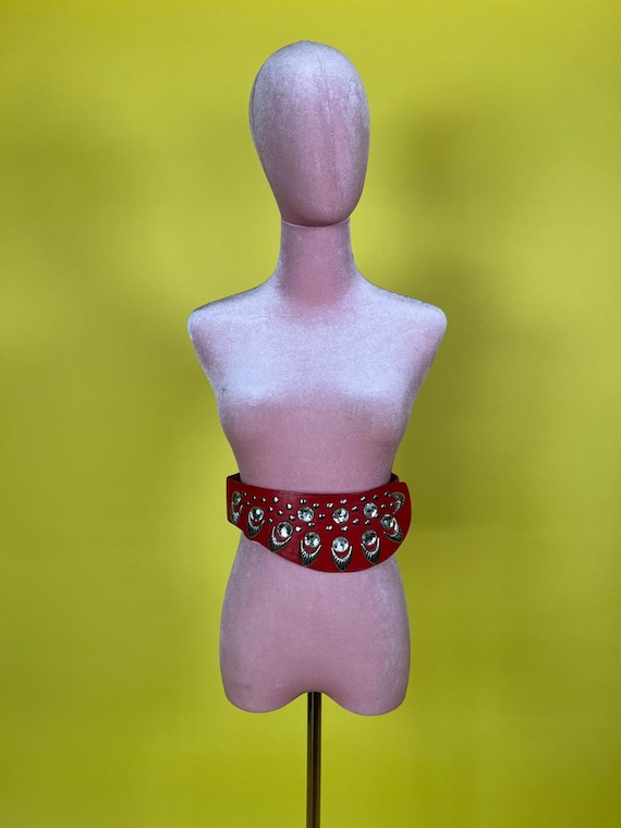 Vintage 80s Studded Red Leather Statement Belt - Etsy Israel display picture 2