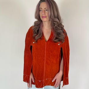 Vintage 60s 70s Orange Suede Leather Cape Poncho - Fits Most Sizes