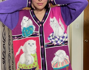Vintage 90s &quot;Story Book Knits&quot; White Persian Cats Cardigan - Fits Most Sizes