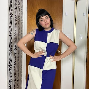 Vintage 60s Purple And White Color Block Mod Dress - Best Fits Size M-L
