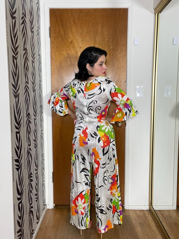 Vintage 60s 70s Tiki Hawaiian Print Jumpsuit - Be… - image 6