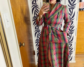 Vintage 60s 70s Plaid Princess Coat Wrap Dress with Detached Waist Tie Best Fits Sizes XS-S