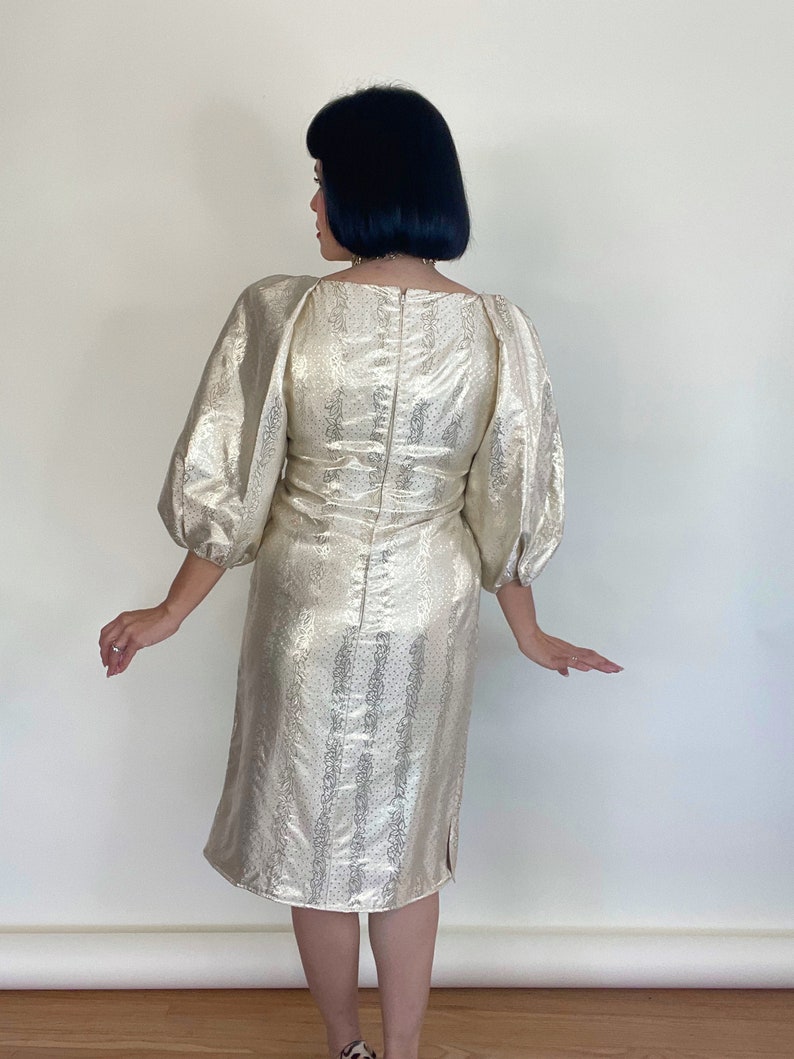 Vintage 70s 80s Richilene New York Gold Metallic Polka Dot and Botanical Print Dress Best Fits Sizes XS-M image 9