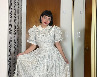Puede incluir: Un vestido blanco con estampado floral azul y ribete de encaje blanco. El vestido tiene un cuello con volantes y mangas abullonadas. El vestido es de largo hasta el suelo y tiene una falda completa.