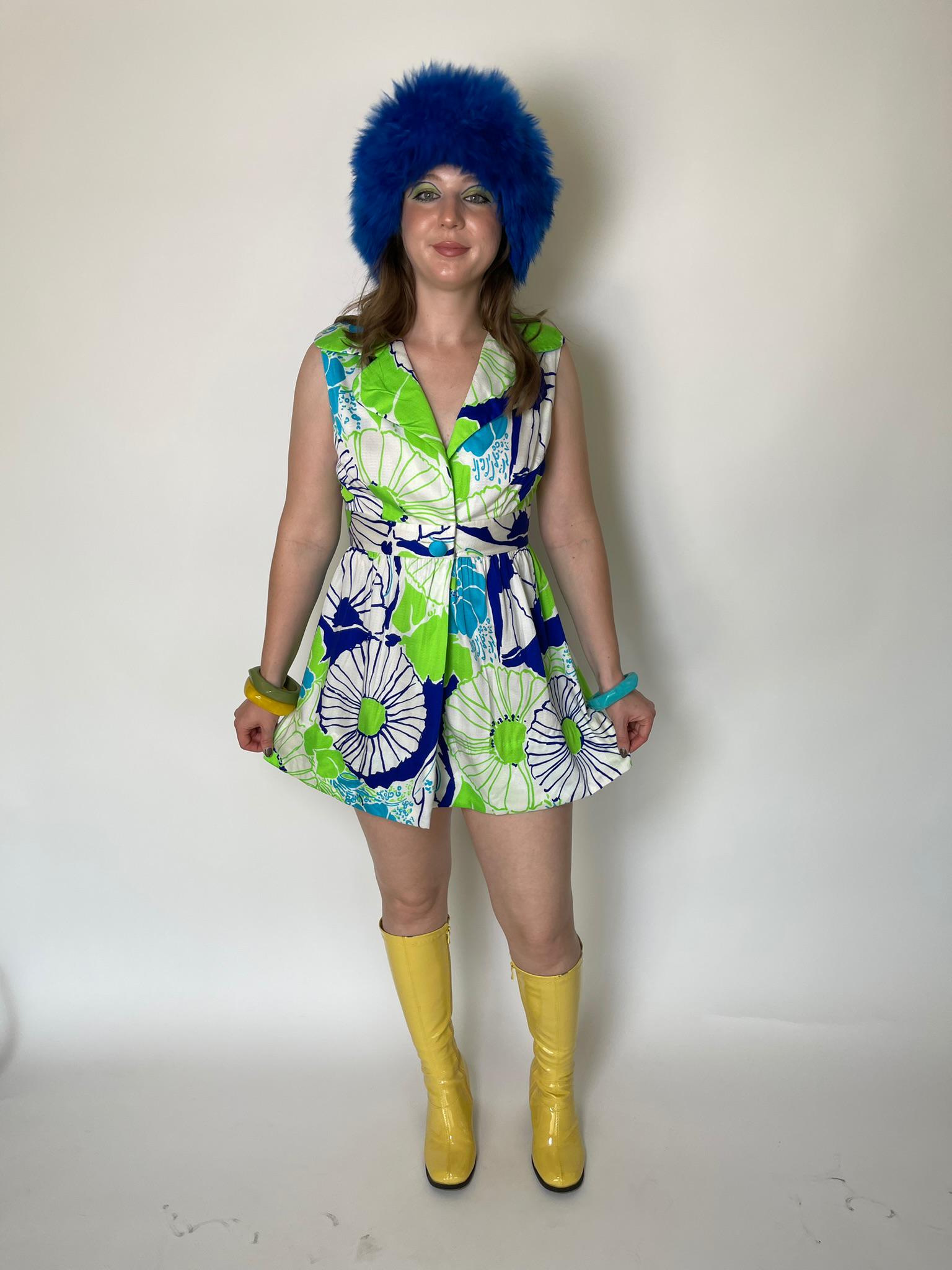 Vintage 60s Made in Hawaii Neon Green and Blue Mini Dress - Fits 