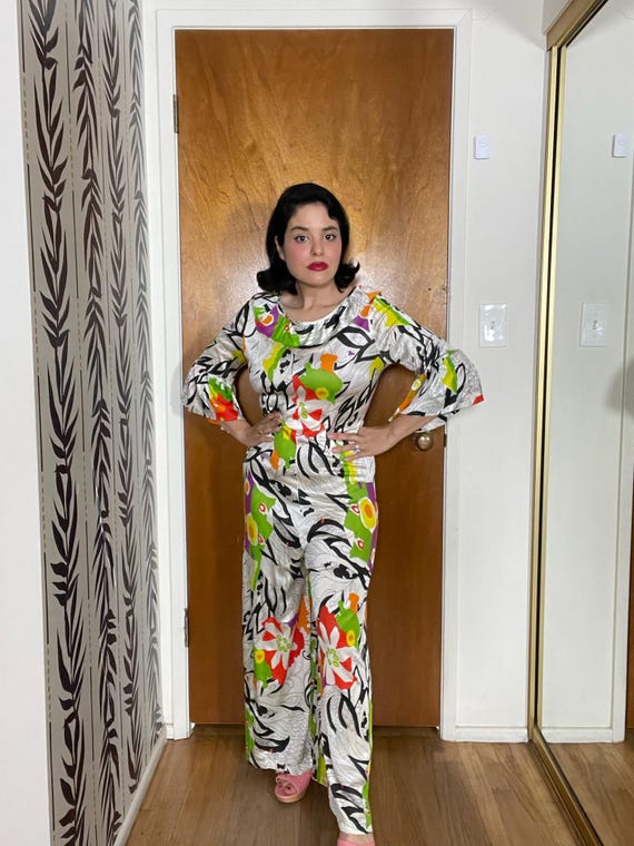 Vintage 60s 70s Tiki Hawaiian Print Jumpsuit - Be… - image 7