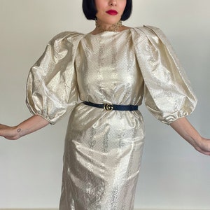 Vintage 70s 80s Richilene New York Gold Metallic Polka Dot and Botanical Print Dress Best Fits Sizes XS-M image 6