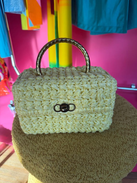 Vintage 60s Italian Yellow Raffia Box Purse