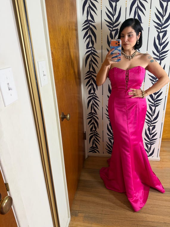 jessica mcclintock hot pink dress 80 / 90s Vintage for Gunne Sax Gown S-M V neck keyhole backless cutout satin midi formal evening Prom Dress