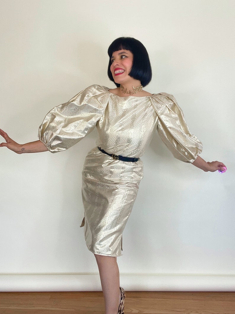 Vintage 70s 80s Richilene New York Gold Metallic Polka Dot and Botanical Print Dress Best Fits Sizes XS-M image 1