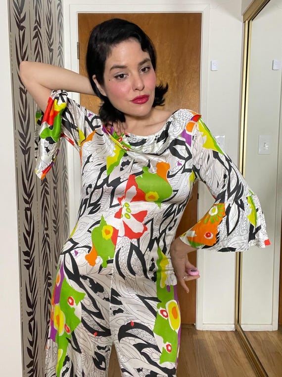 Vintage 60s 70s Tiki Hawaiian Print Jumpsuit - Be… - image 2