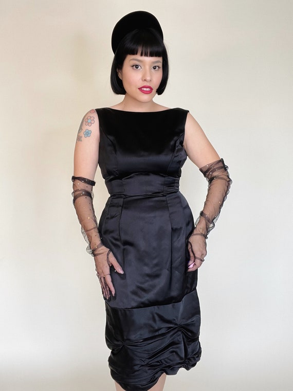Vintage 50s 60s Black Silk Satin Audrey Hepburn Ruched Hemline Back Bow Wiggle Dress Best Fits Sizes XS SM Etsy Canada