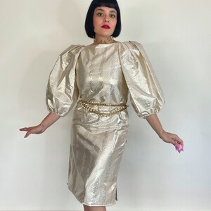 Vintage 70s 80s Richilene New York Gold Metallic Polka Dot and Botanical Print Dress Best Fits Sizes XS-M image 3