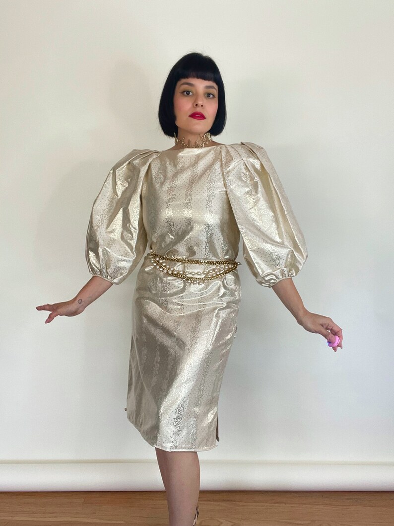 Vintage 70s 80s Richilene New York Gold Metallic Polka Dot and Botanical Print Dress Best Fits Sizes XS-M image 3