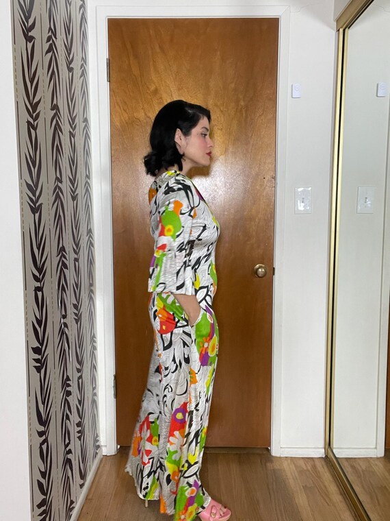 Vintage 60s 70s Tiki Hawaiian Print Jumpsuit - Be… - image 5