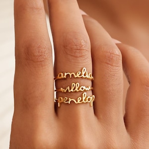 Custom Ring With Hammered Band by KyUc Studio - Stacking Dainty Name Ring - Personalized Stackable Name Rings - Mother's Day Gift